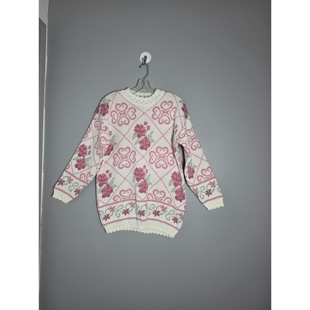 Vintage Laura Tyler Cottagecore Knit Sweater Floral Coquette Size M/L Cream/Pink